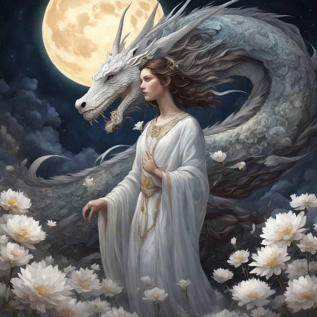 Moon Goddess with Dragon in Dark Fantasy Style