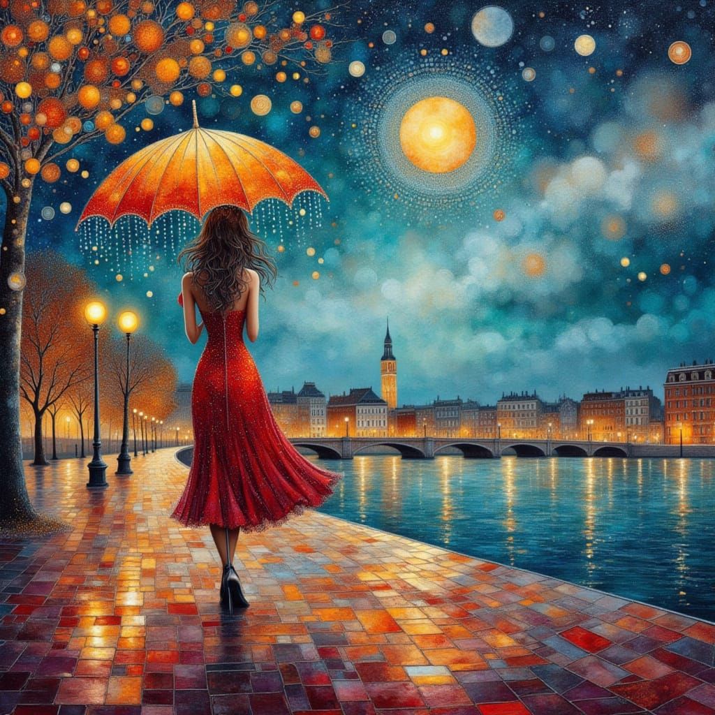 Romantic Parisian Night Scene in Vibrant Impasto Style