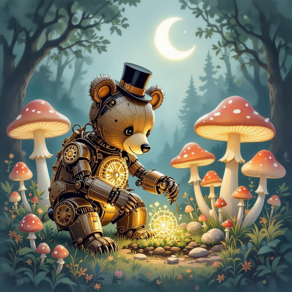Mechanical Bear Gardener in Watercolor Style