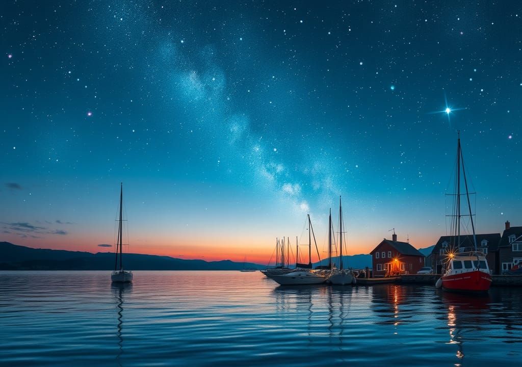 Tranquil Starry Harbor at Dusk as Ghibli Animation