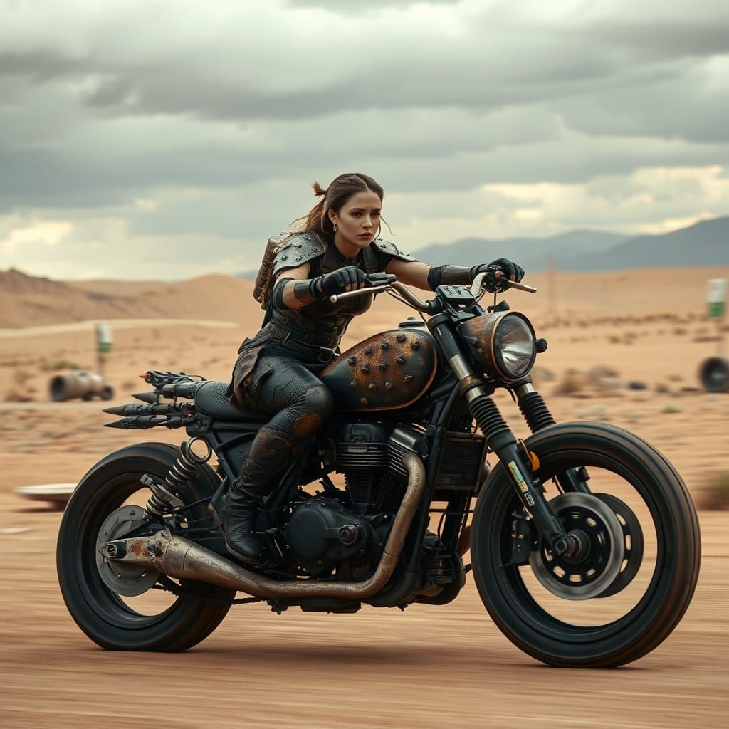 Post-Apocalyptic Woman Warrior on Motorcycle