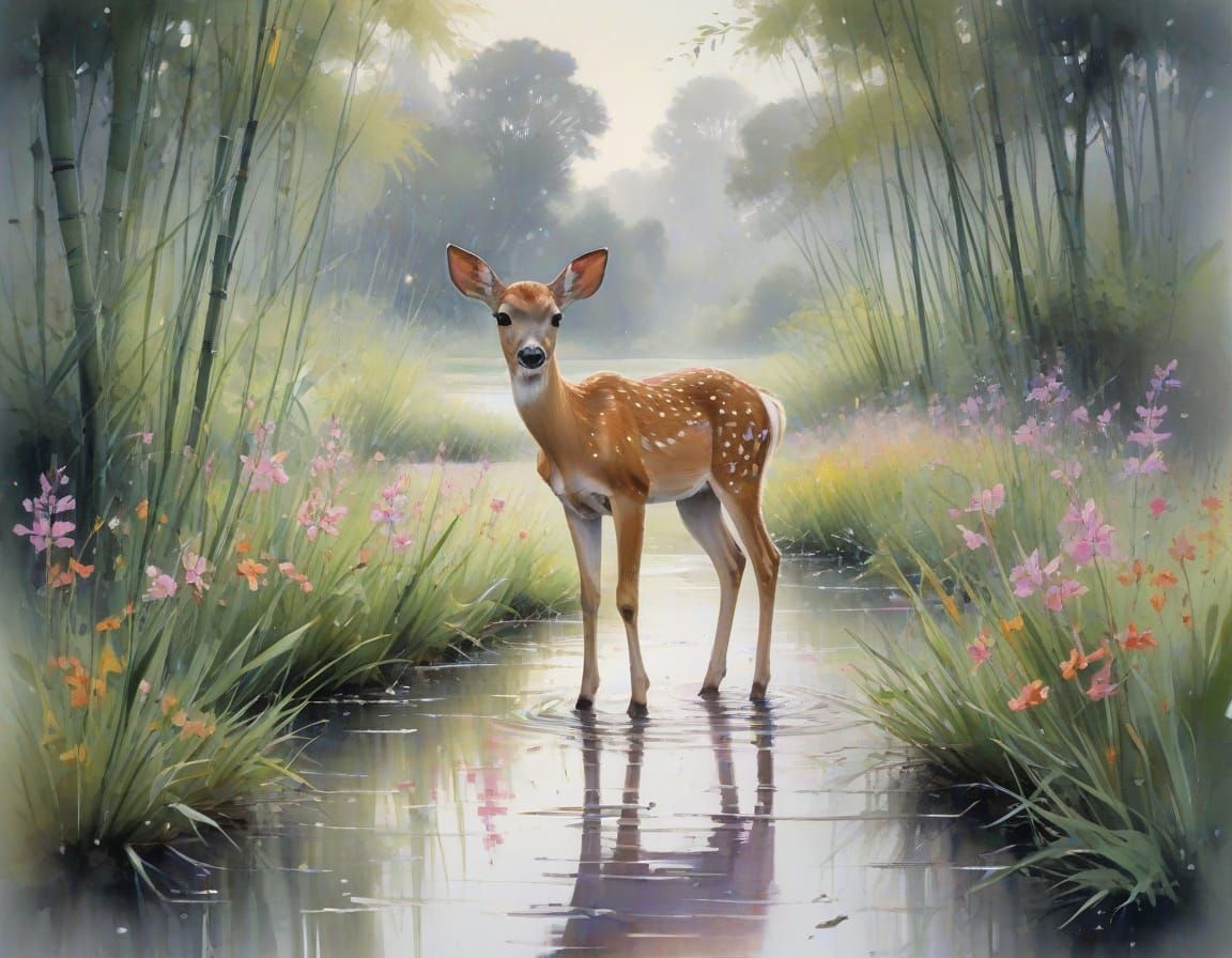 Fawn in Wildflower Meadow, Watercolor Painting