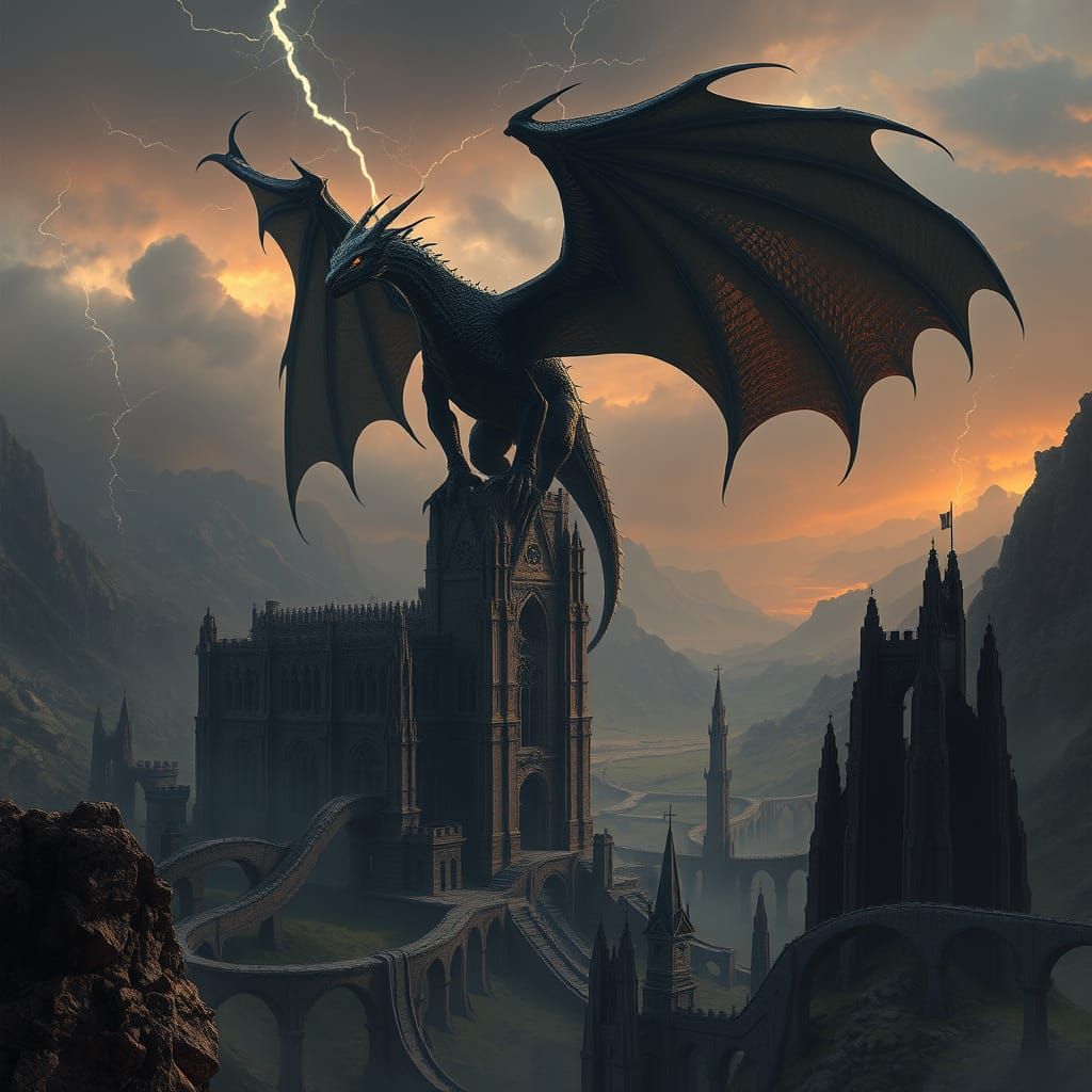 Black Dragon Perched Atop Ruined Cathedral