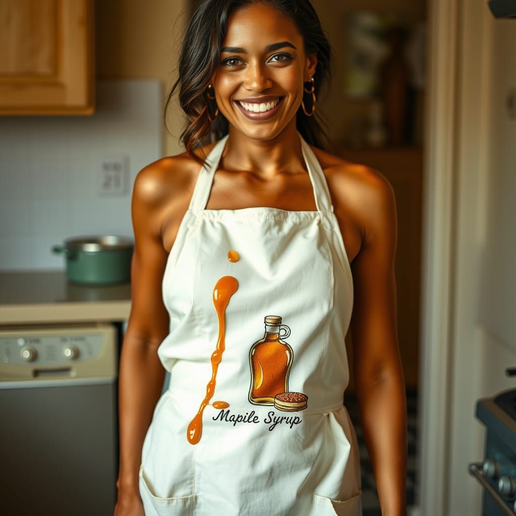 Woman Adorned with Maple Syrup in a Classic Kitchen Setting