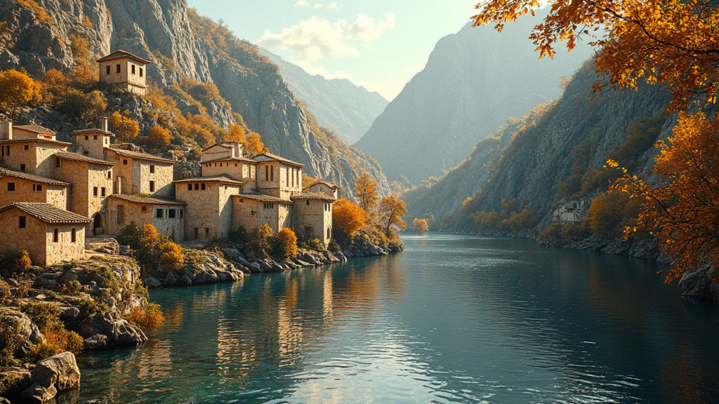 Hellenistic Village in Mountains with Golden Leaves