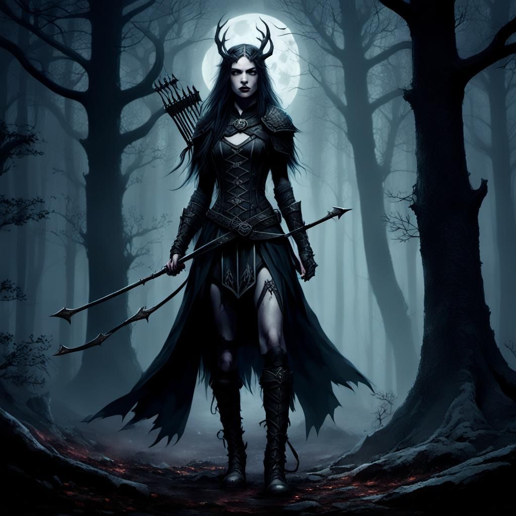 Goth Huntress Goddess in Misty Forest