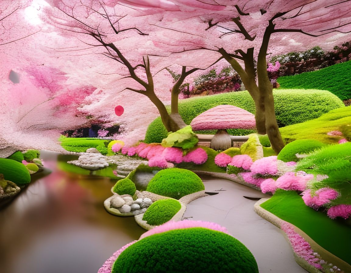 Serene Japanese Garden with Cherry Blossoms