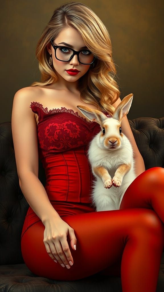 Blonde Beauty with Cream Rabbit in Vintage-Inspired Art Nouv...