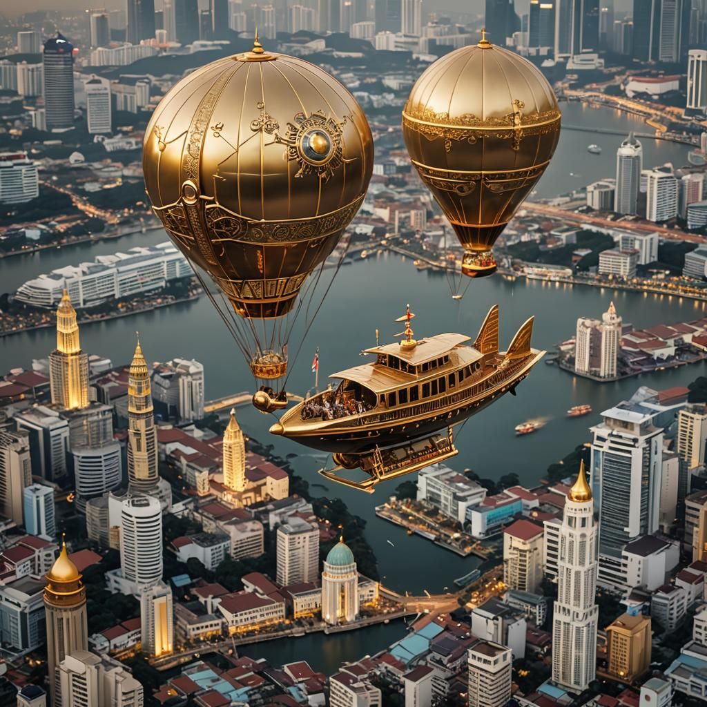 Steampunk Airship Over Malaysian City at Dusk