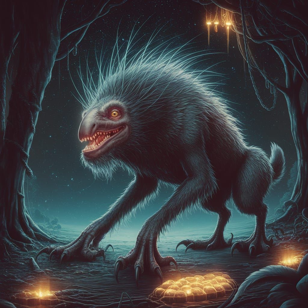 Bioluminescent Creature in Alien Forest, Glitch Hologram Sty...