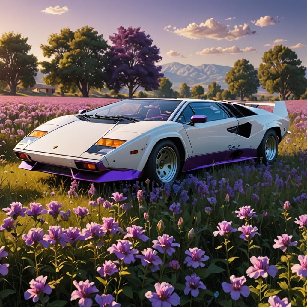 Lamborghini Countach in Meadow: Hyper-Realistic Digital Art