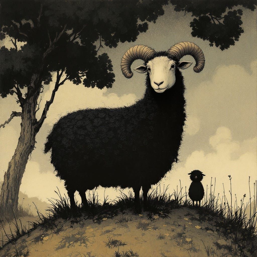 Whimsical Black Sheep in a Folkloric Landscape