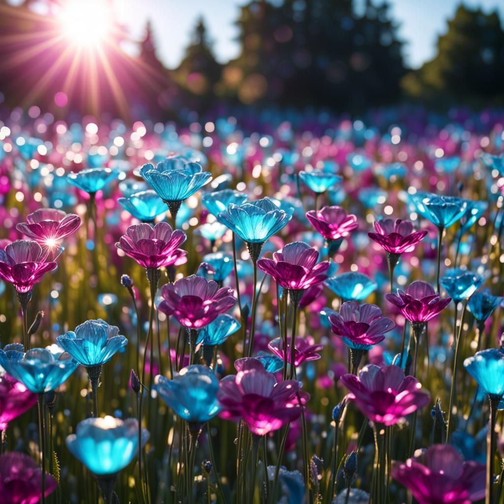 Glass Crystal Flower Field in Summer Sunlight