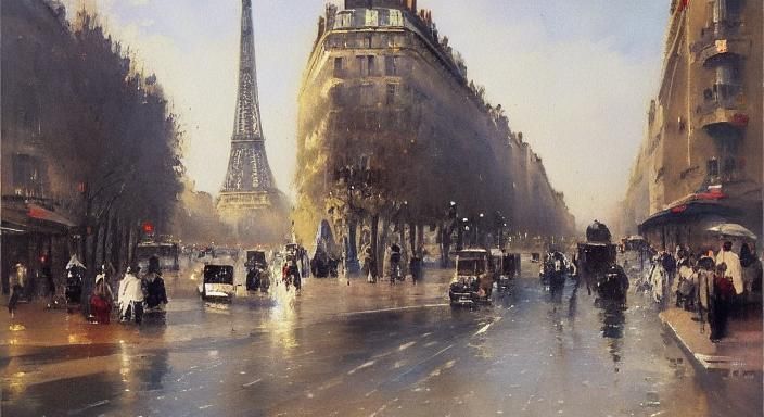 Paris Street Scene Watercolour Painting with Eiffel Tower
