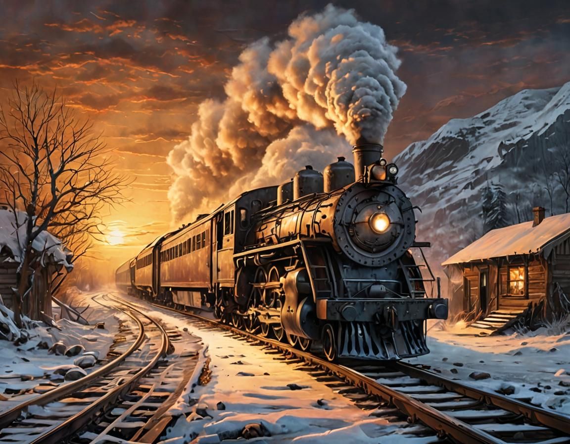 Steam Locomotive at Sundown: Acrylic Painting