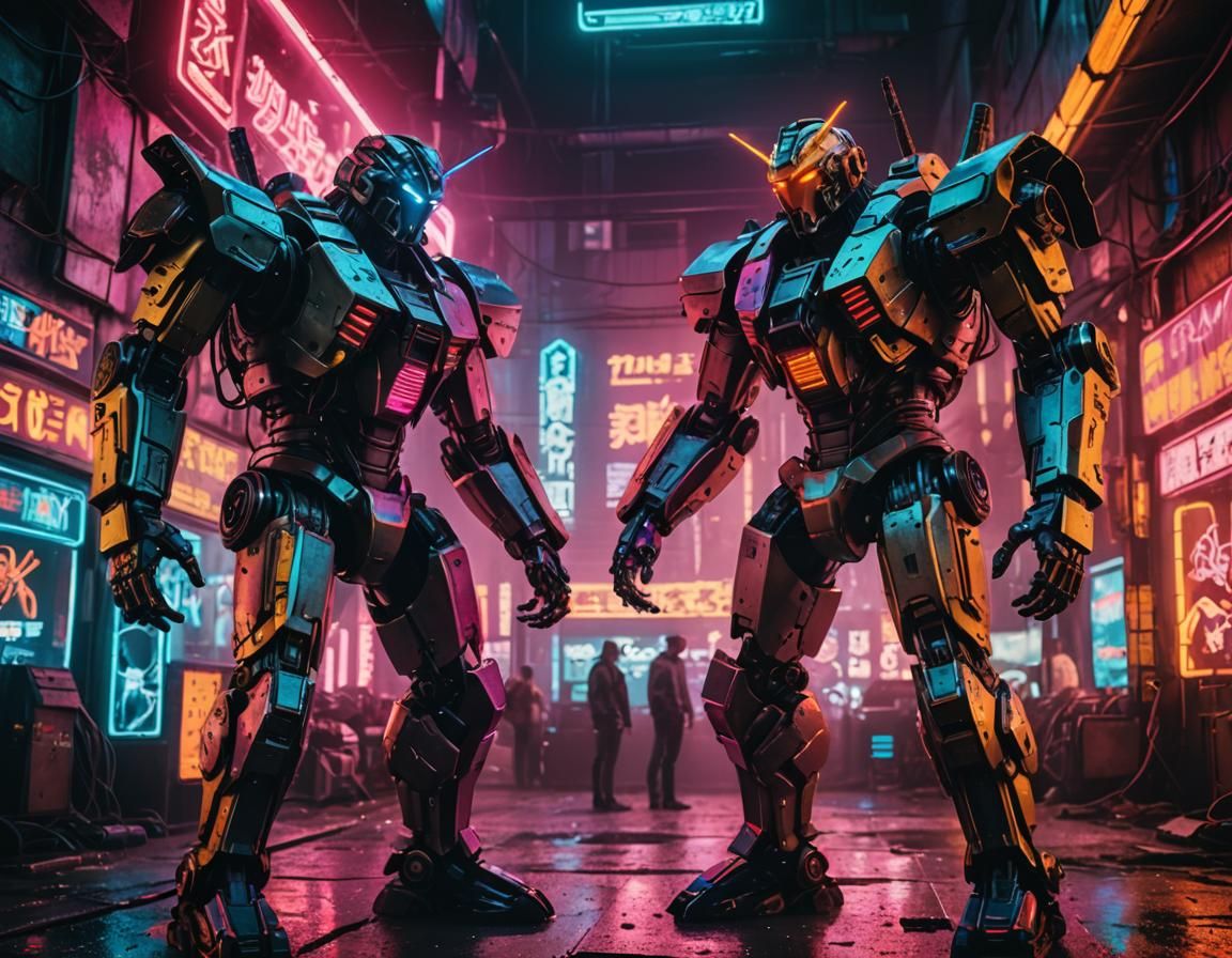 Cyberpunk Mecha Face-Off in Neon City