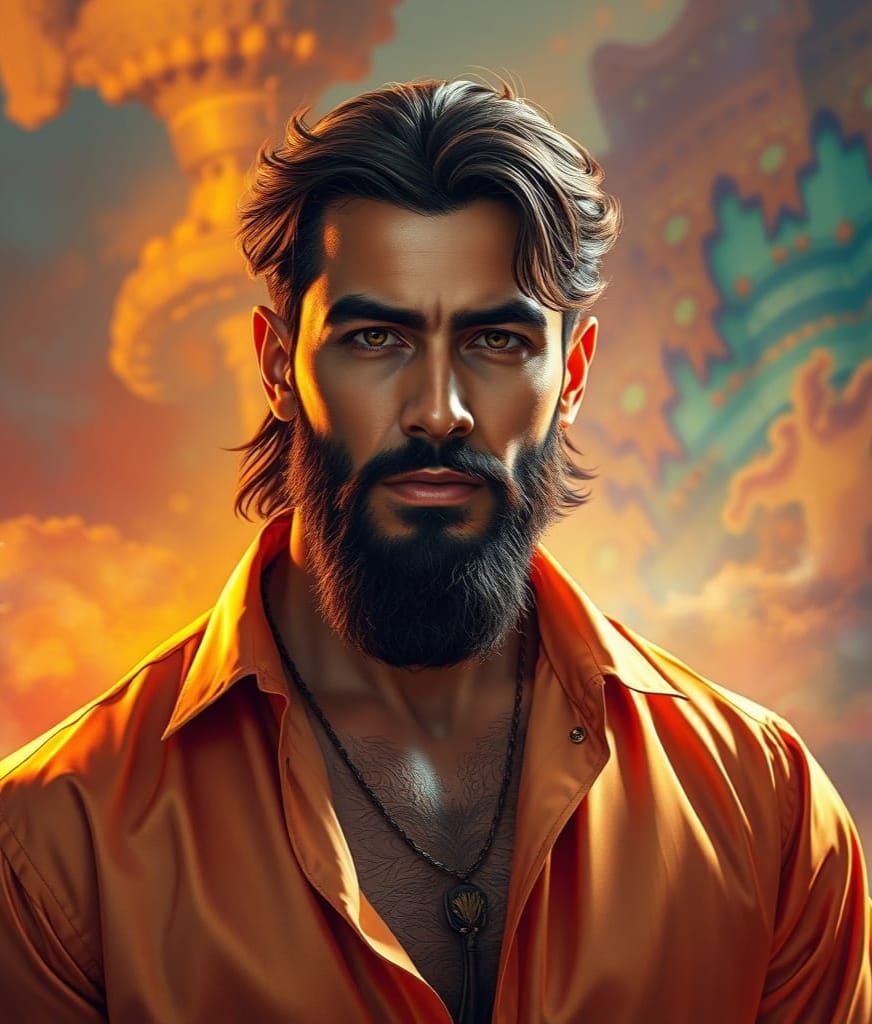 Handsome Man with Muscular Body in Silk Shirt