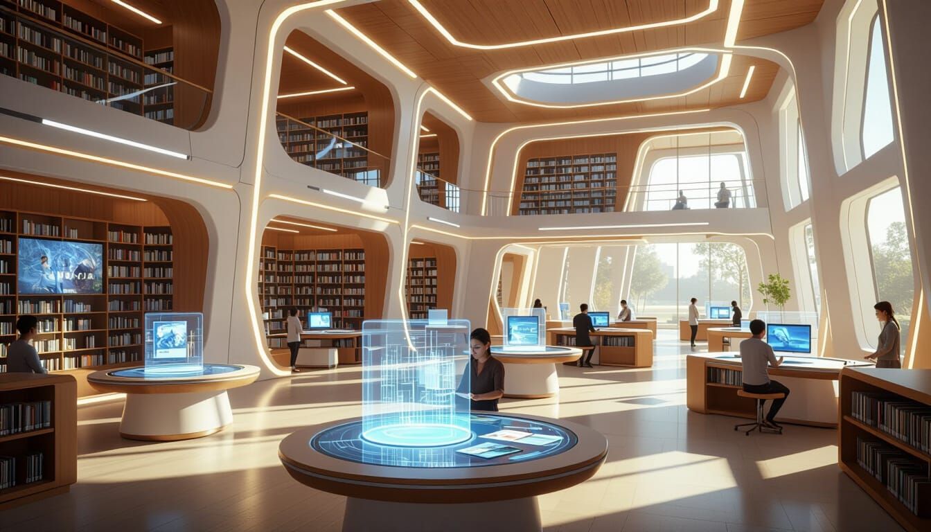 Futuristic Library Hub with Holographic Tables
