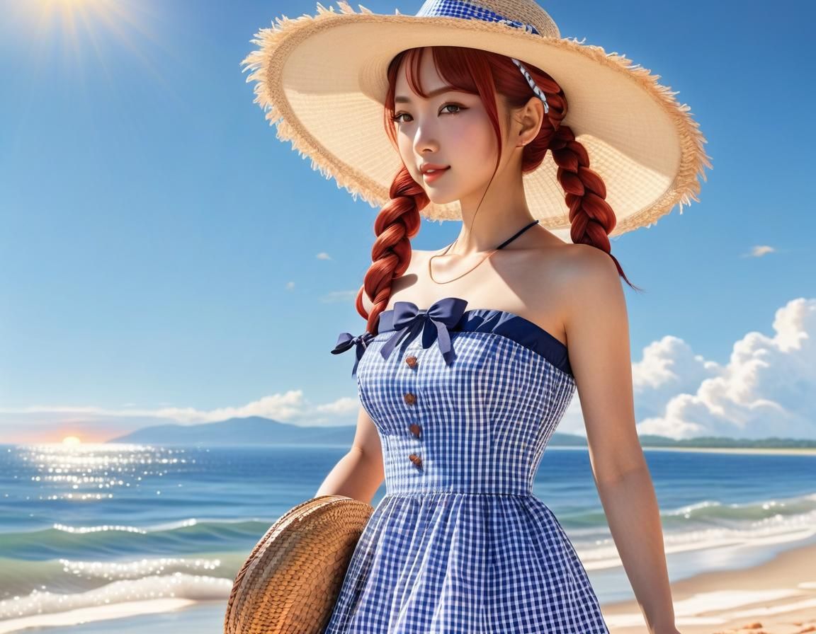 Japanese Woman on Beach in Manga Style