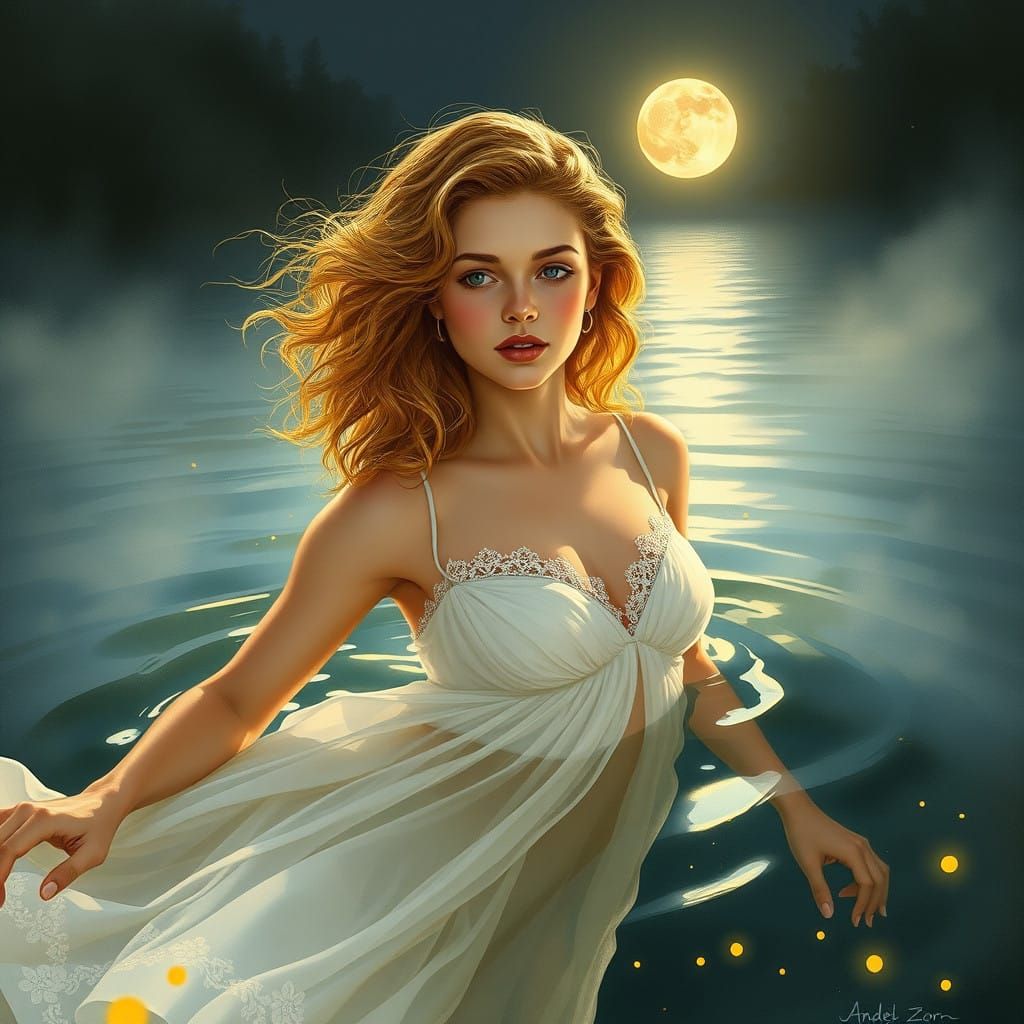 Dreamy Nighttime River Scene in Pre-Raphaelite Style