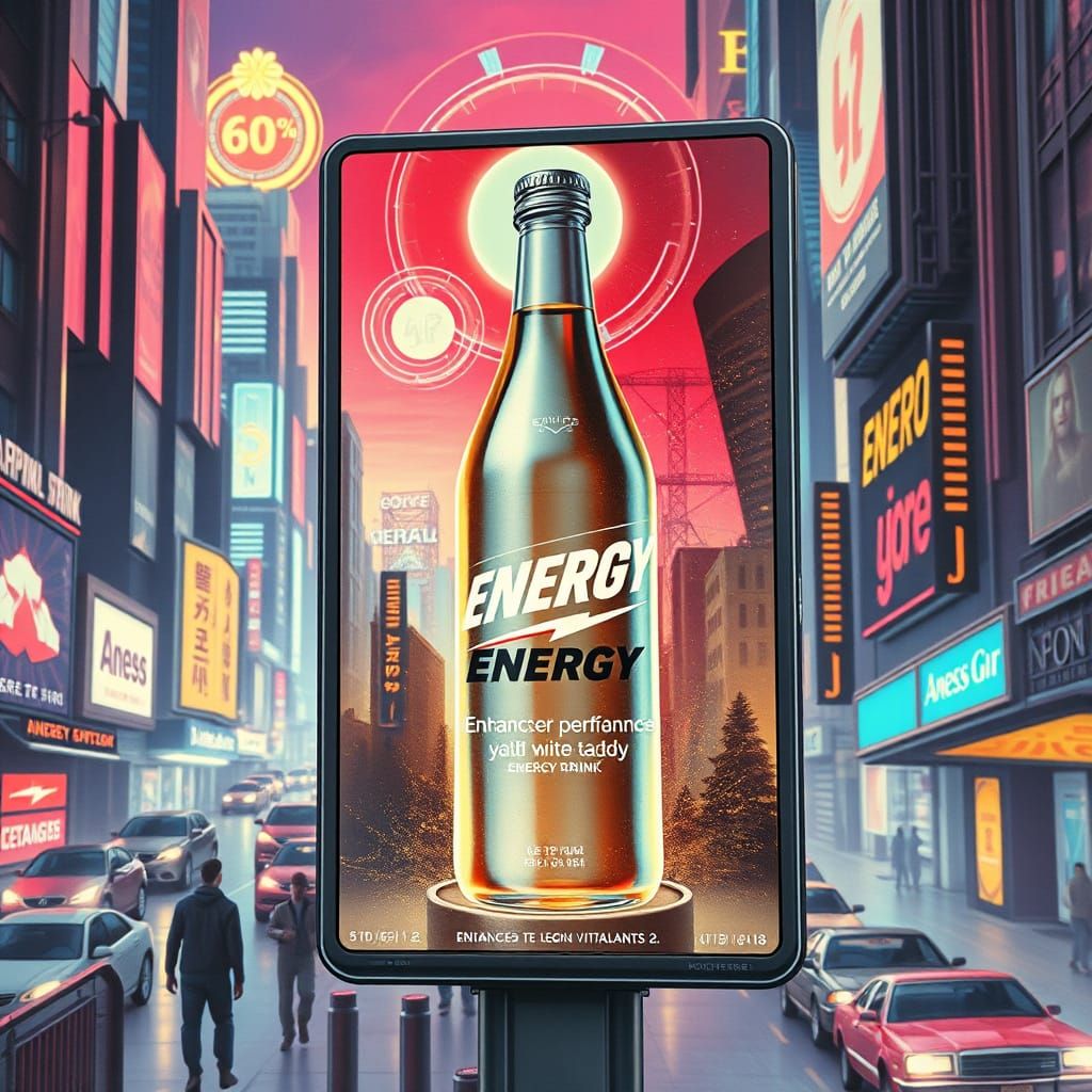 Cyberpunk Energy Drink Advertisement on Holographic Billboar...