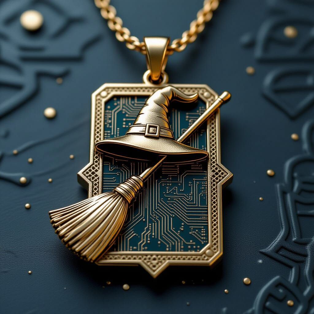 Cyberpunk Witch's Broom and Hat Pendant