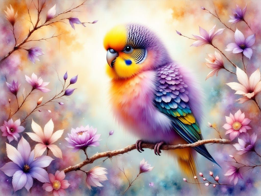 Surreal Budgerigar in Dreamy Forest, Watercolor Style