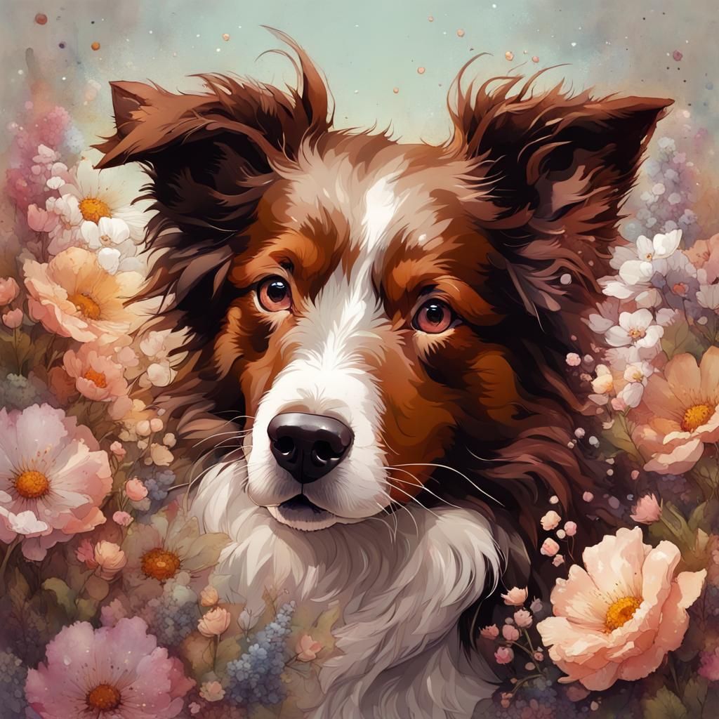 Flowers & Border Collie