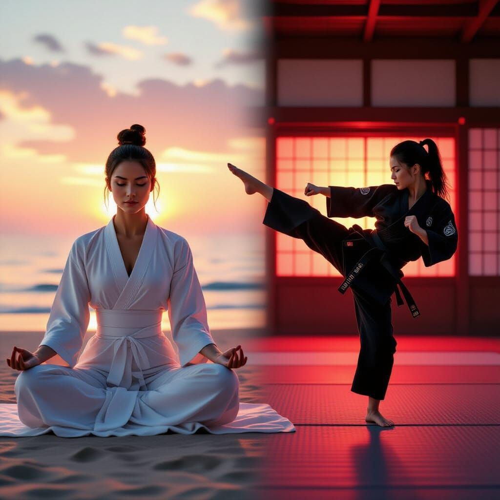 Yoga Instructor and Martial Artist in Contrast
