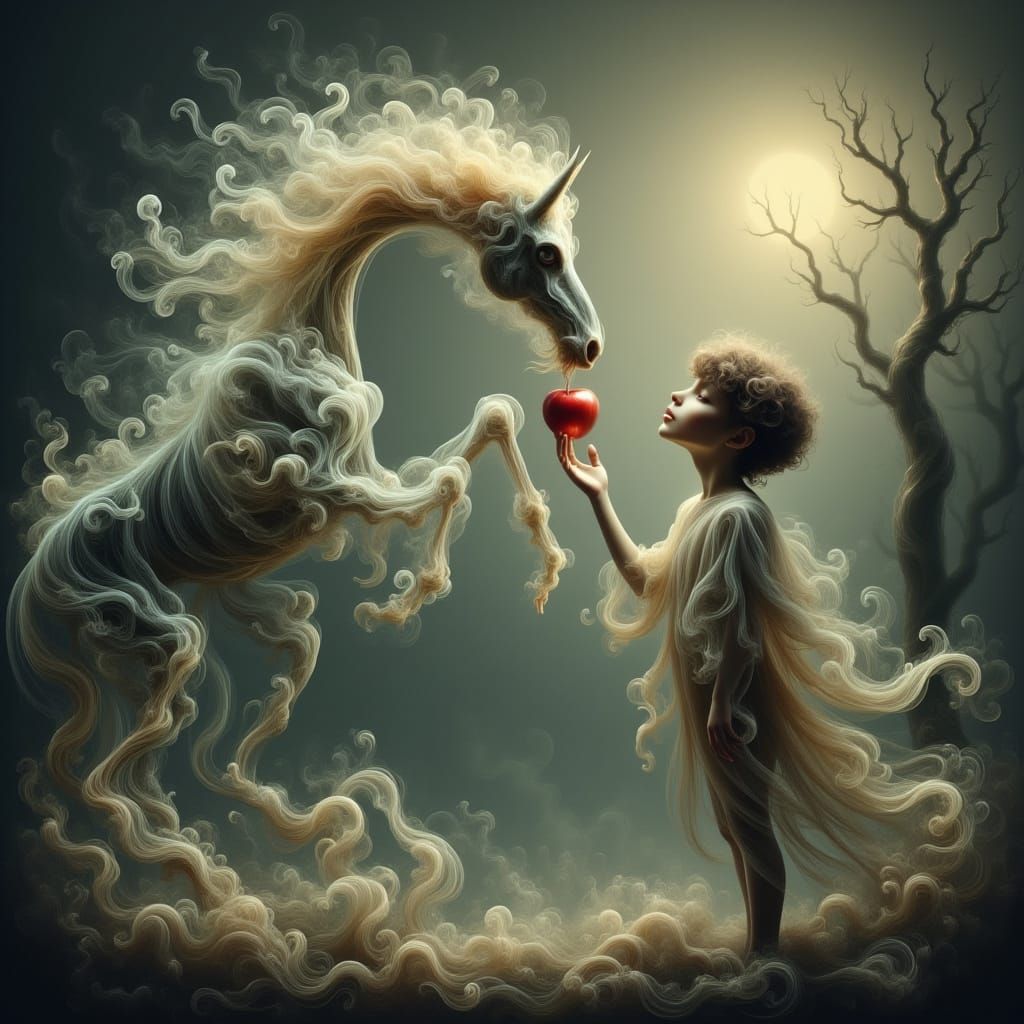 Whimsical Encounter of a Skeletal Steed and a Young Boy