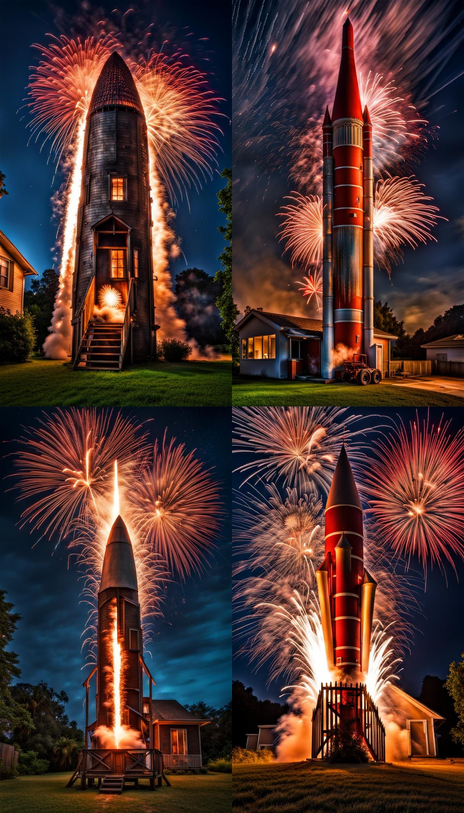 House Rocketing Into Night Sky: Hyperrealistic HDR Image