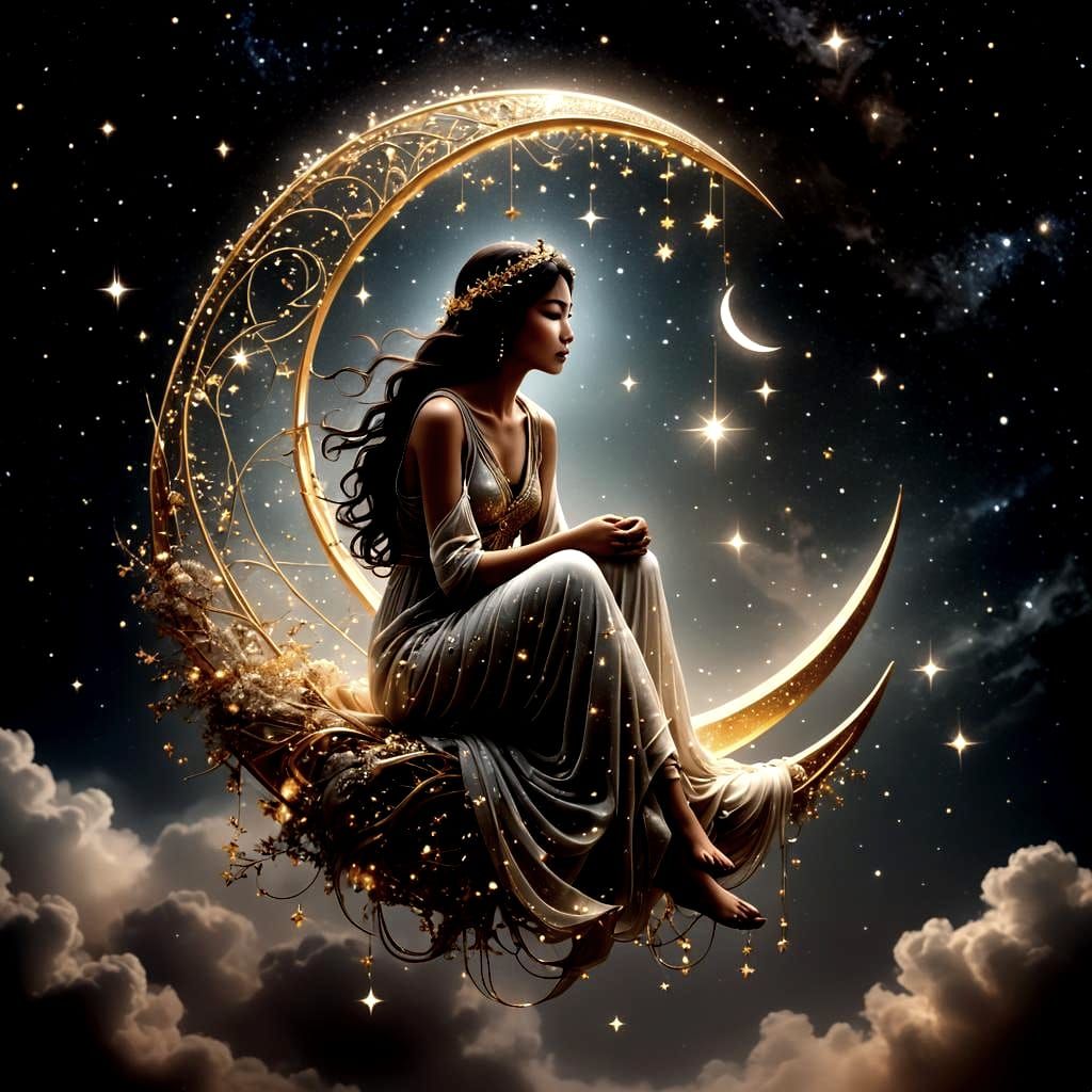 Celestial Figure on Crescent Moon with Starry Net