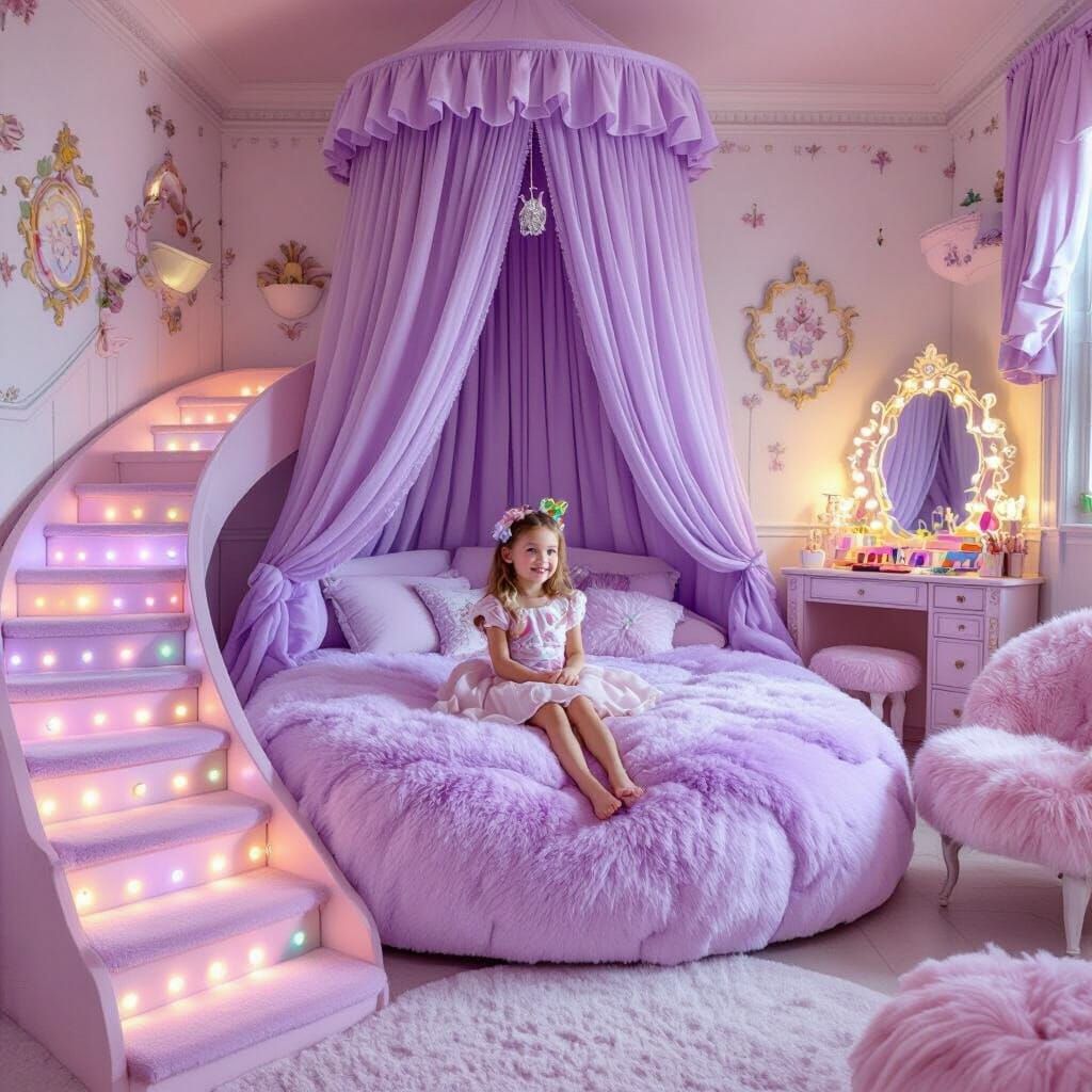 Whimsical Bedroom with Slide and Canopy Bed in Pastel Colors