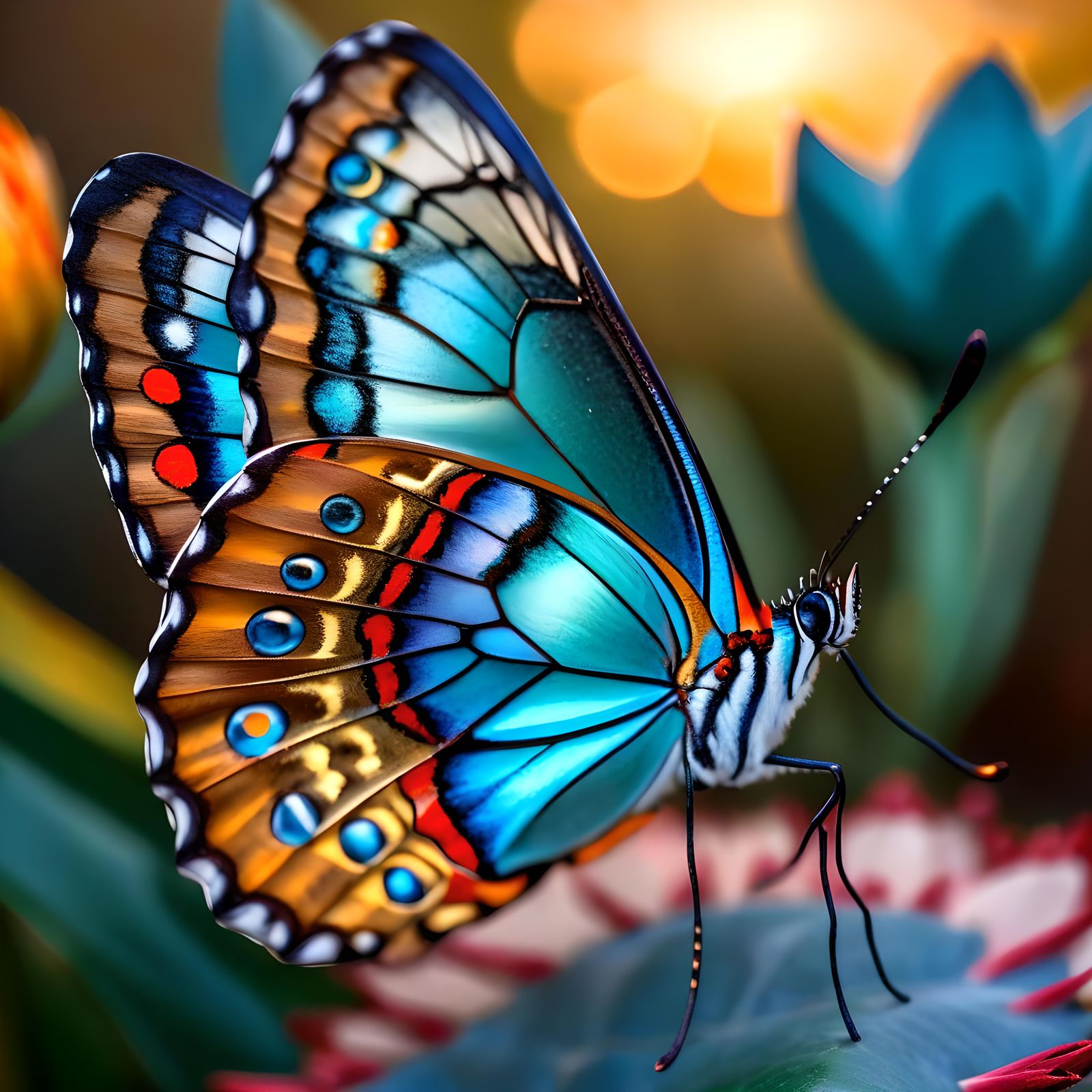 Stained Glass Butterfly on Flower in Golden Light