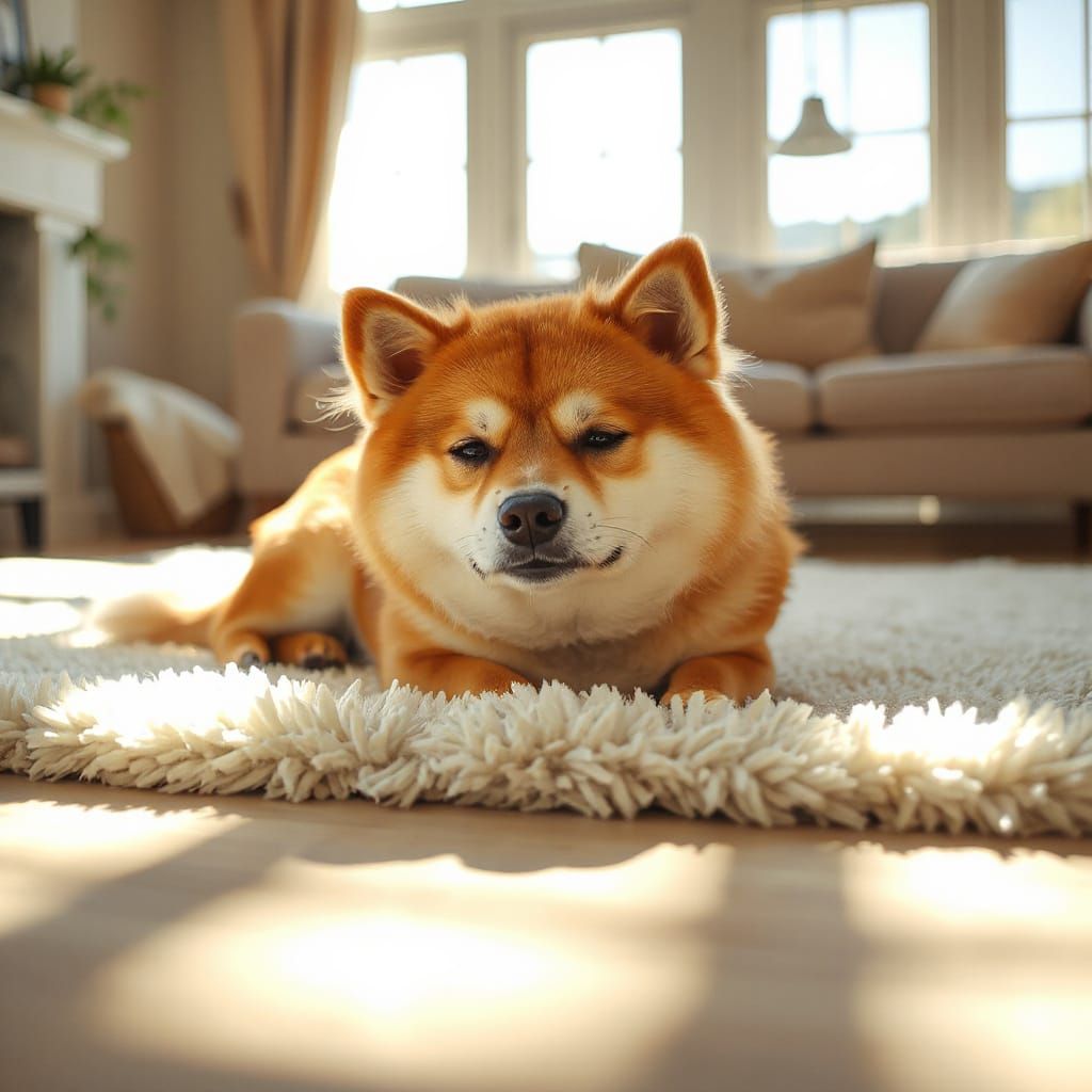Relaxed Shiba Inu on Cream Rug in Sunlit Room