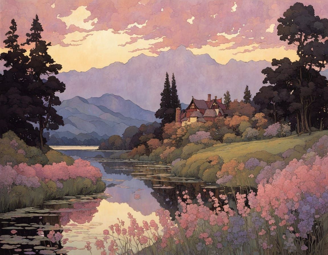 Whimsical Summer Scene in Art Nouveau Style