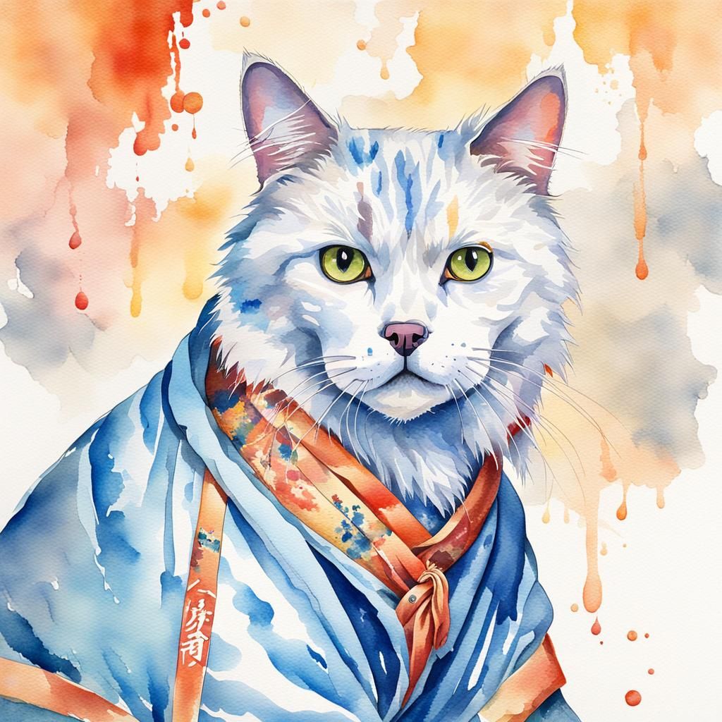 Cat in Robe: Chinese Watercolor Painting
