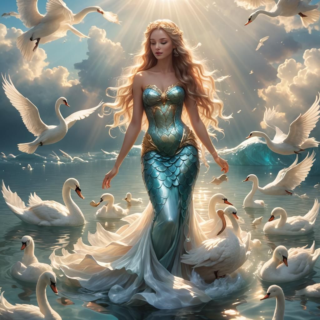 Mermaid with Swans in Divine Sunshine