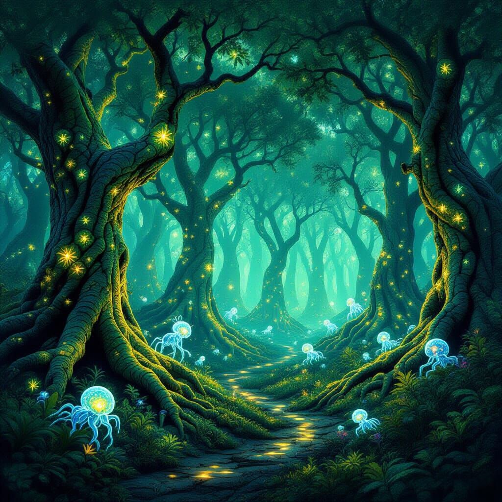 Bioluminescent Forest with Glowing Roots and Strange Creatur...