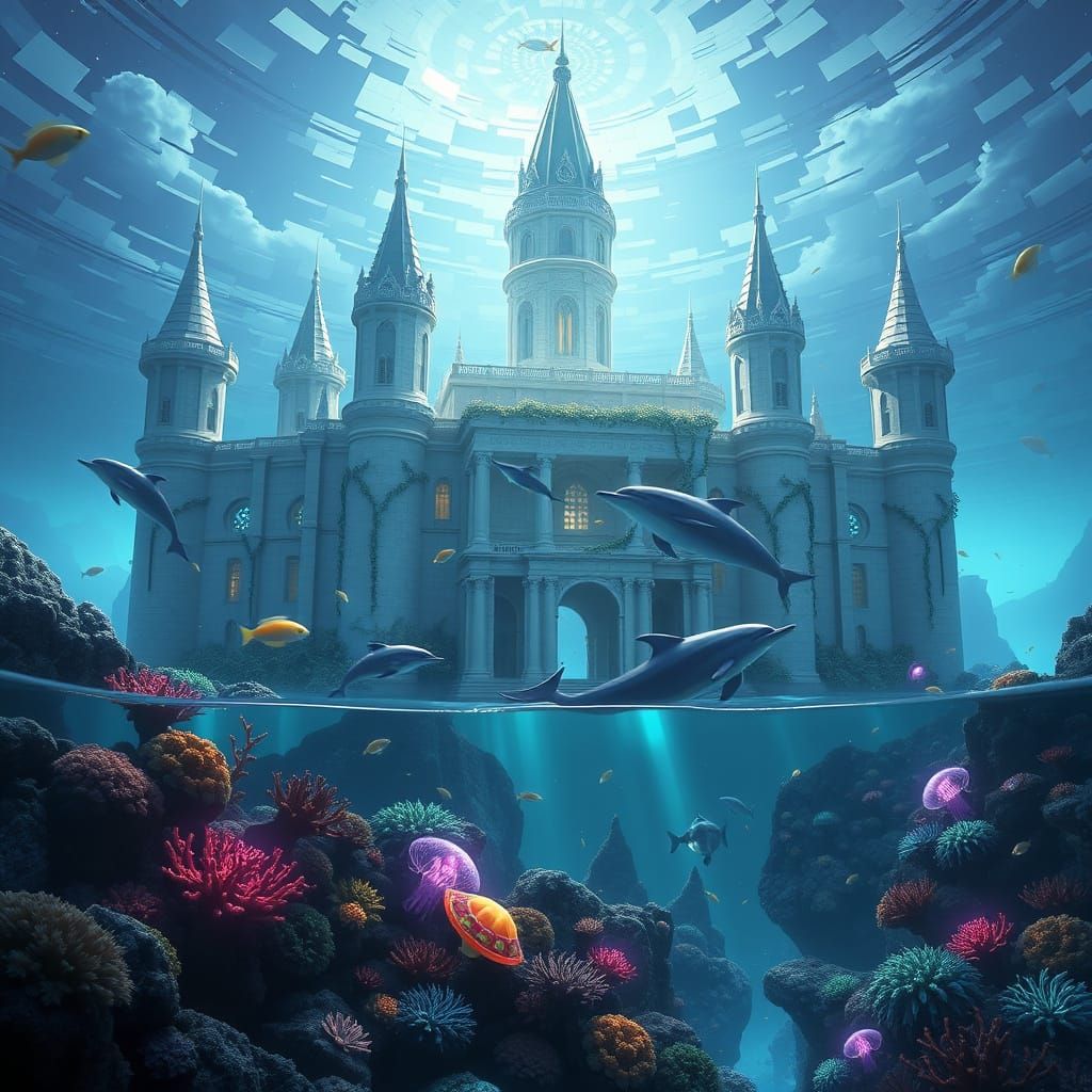 Underwater Castle with Dolphins in 3D Anime Art