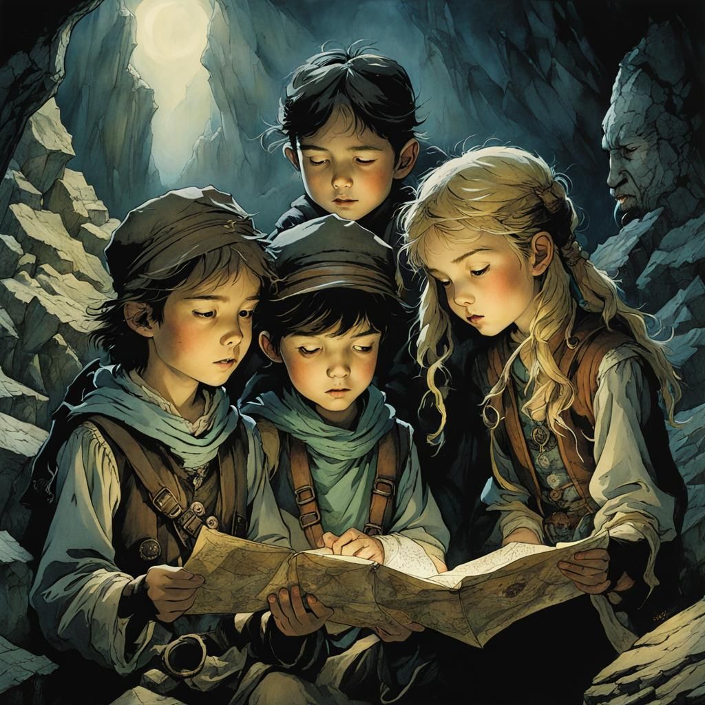 Siblings Discover Treasure Map in Dungeon Illustration