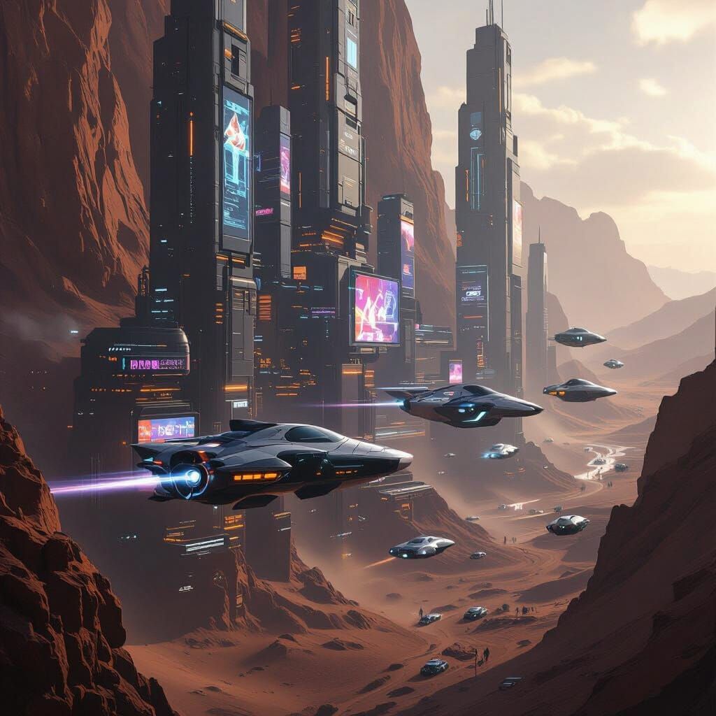 Martian Vertical Cityscape with Aerodynamic Vehicles