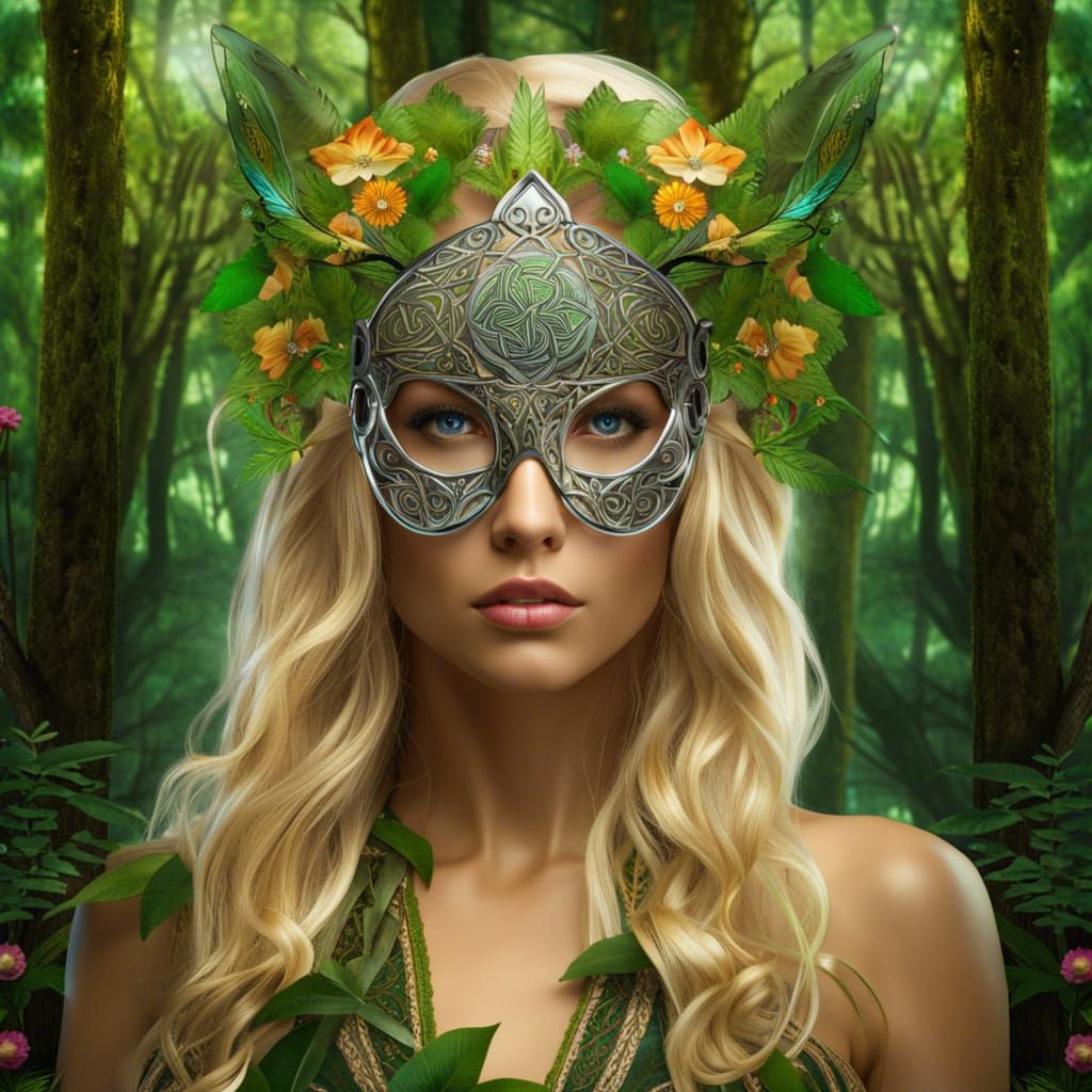 Glass celtic Druid mask, beautiful blond hair woman in a lov...