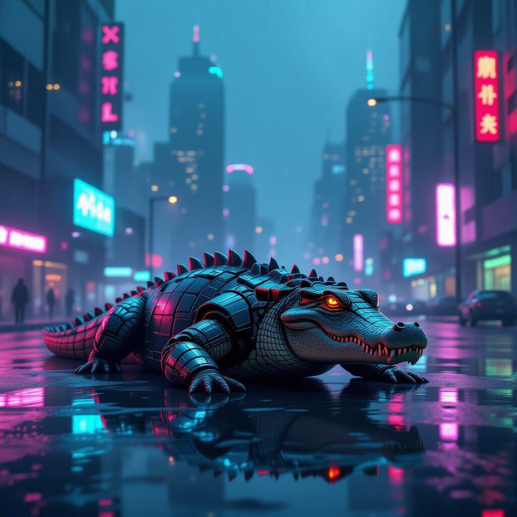 Retro-Futuristic Crocodile in Neon Synthwave Cityscape