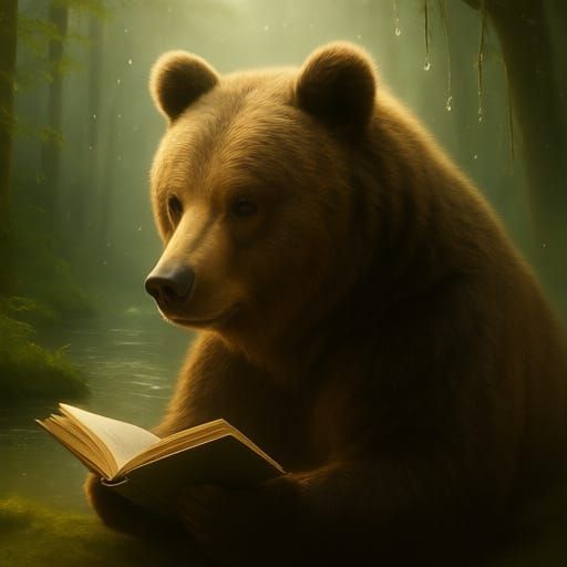 Wise Bear Learns AI in Mystical Forest