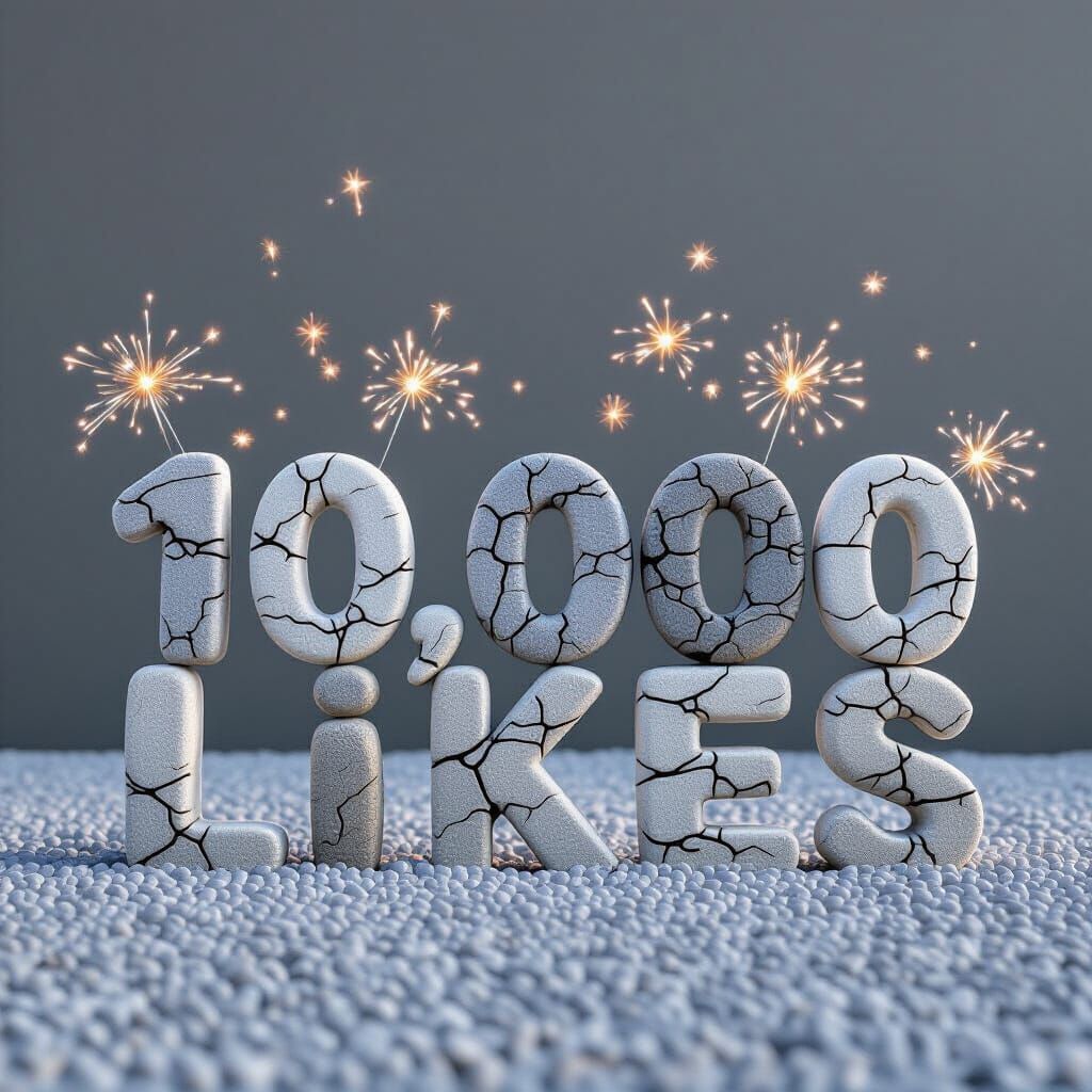 Stone Arrangement Spelling "10,000 Likes" with Fireworks