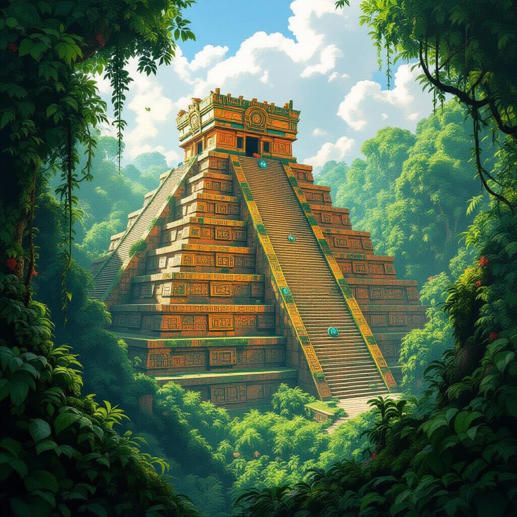 Aztec Pyramid Amidst Emerald Jungle, Cel-Shaded Art