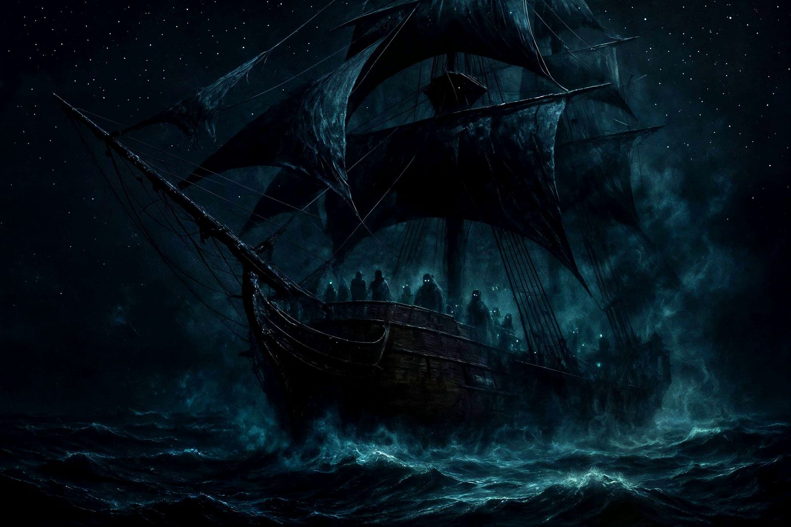 Ghostly Pirate Ship Sails Starry Seas in Noir Style