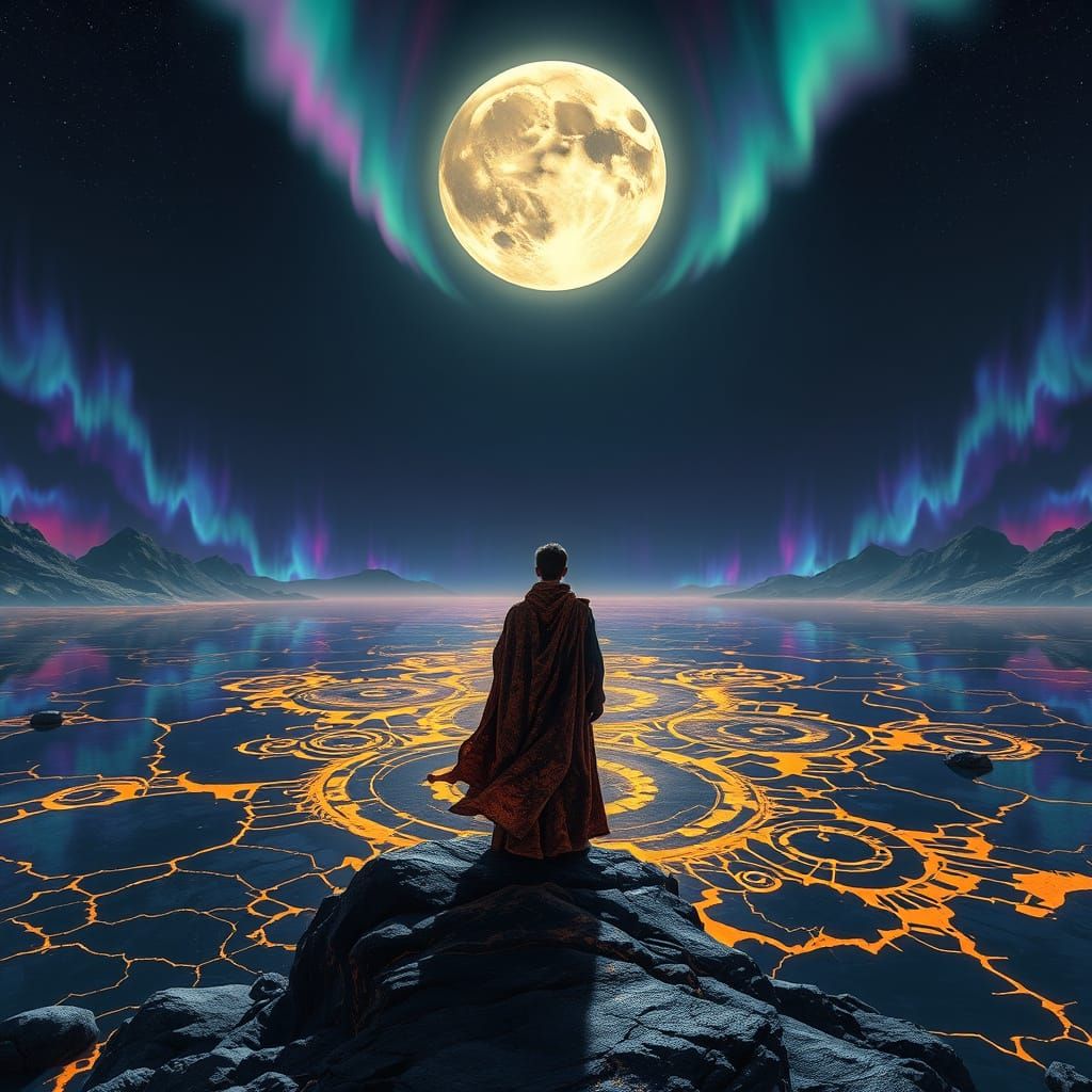 Fractured Moon Over Obsidian Lake in Digital Art Style