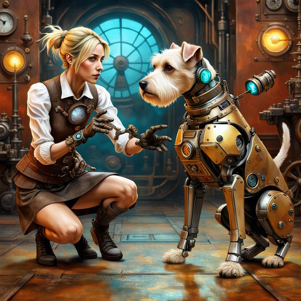 Steampunk Robot Dog Playing Fetch, Hyperrealistic Art